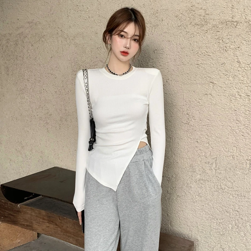 设计感开叉上衣内搭打底衫紧身辣妹气质不规则修身显瘦T恤女秋装