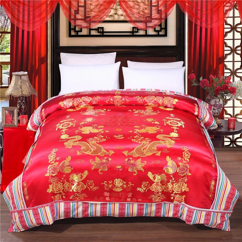婚庆被套老式喜庆大红色被套包边结婚被面子百子龙凤喜被红绿被罩