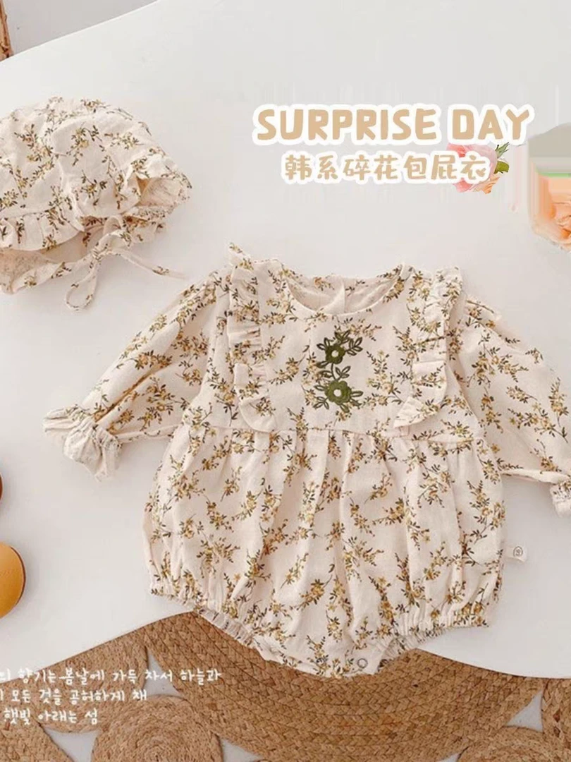 ins韩版婴儿秋装碎花长袖连体哈衣女宝宝公主满月百天包屁衣爬服