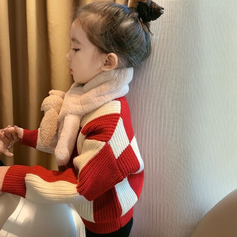 女童毛衣加绒加厚儿童2025新款格子上衣宝宝洋气冬季套头针织衫冬