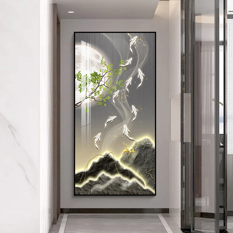 新款九鱼图玄关油画布水晶瓷铝合金边框大白墙高级感挂画2025