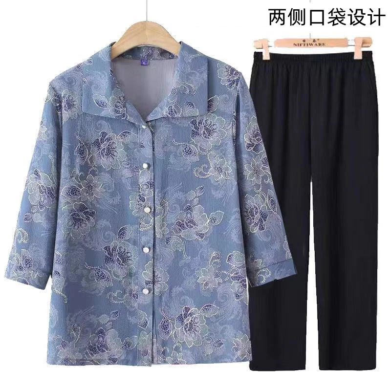 老年夏装两件套70岁七分袖衬衫奶奶装套装宽松妈妈衬衣80老人衣服
