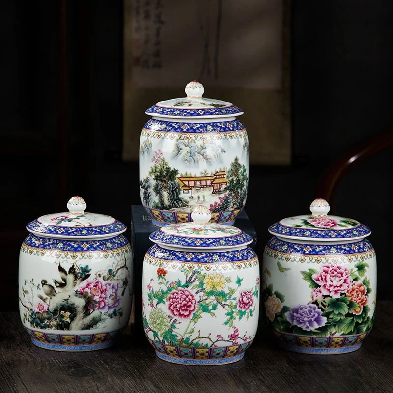 景德镇陶瓷器珐琅彩小花瓶带盖茶叶储存罐子博古书架桌面装饰摆件