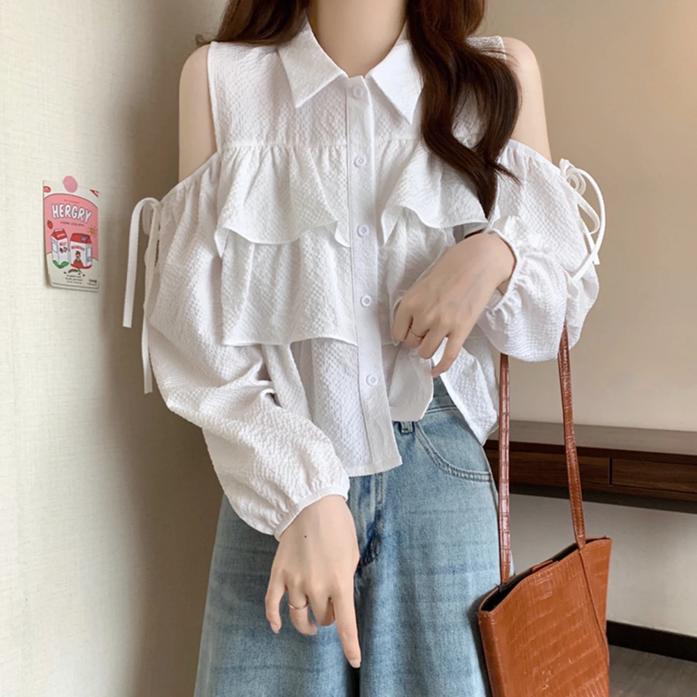 polo领法式露肩气质白色衬衫春秋新款洋气时尚显瘦设计感长袖上衣