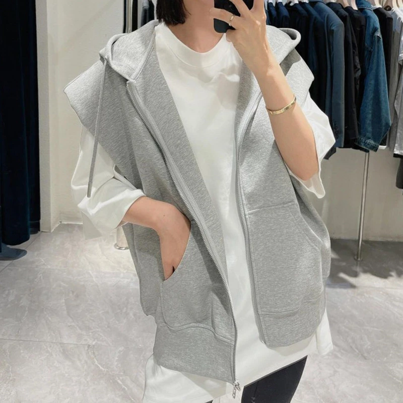 连帽无袖宽松坎肩开衫马甲女韩版2024新款春秋小个子拉链背心卫衣