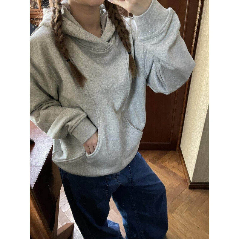 美式复古cleanfit解构拼接连帽纯色卫衣男女潮牌高街秋冬boxy外套