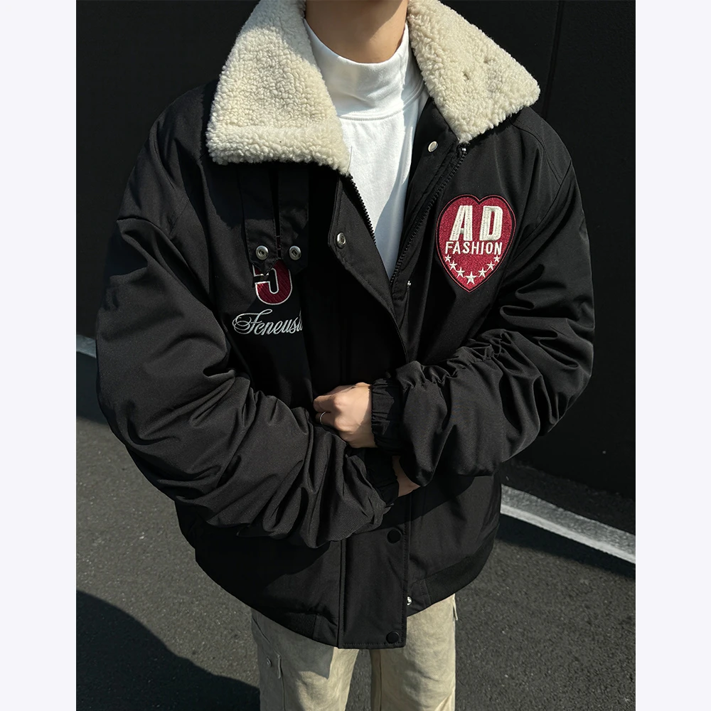 羊羔绒翻领棉服外套男款冬季痞帅美式高街复古刺绣飞行员夹克棉袄