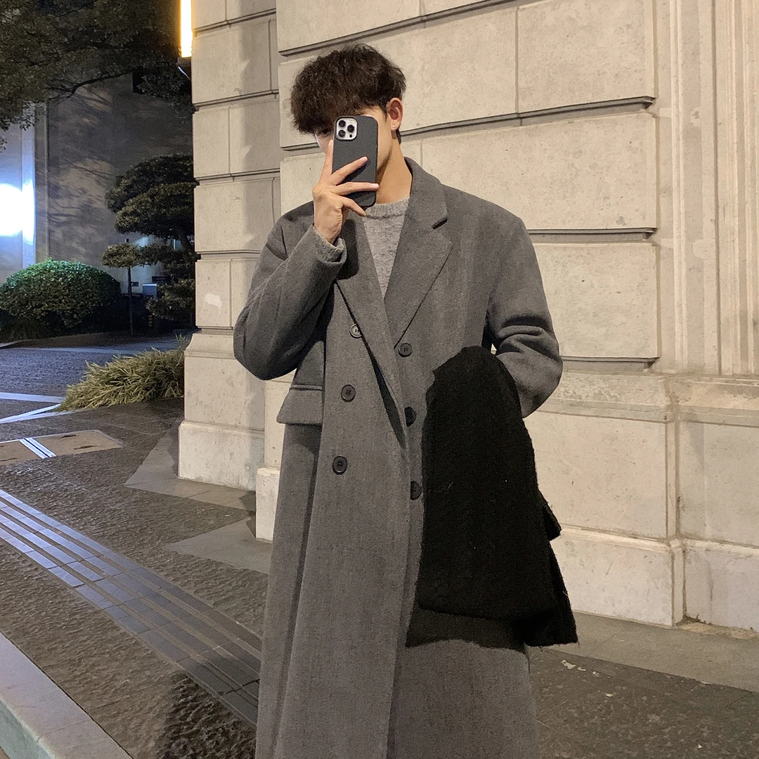 灰色中长款过膝毛呢大衣男士2024秋冬季新款加厚潮流宽松风衣外套