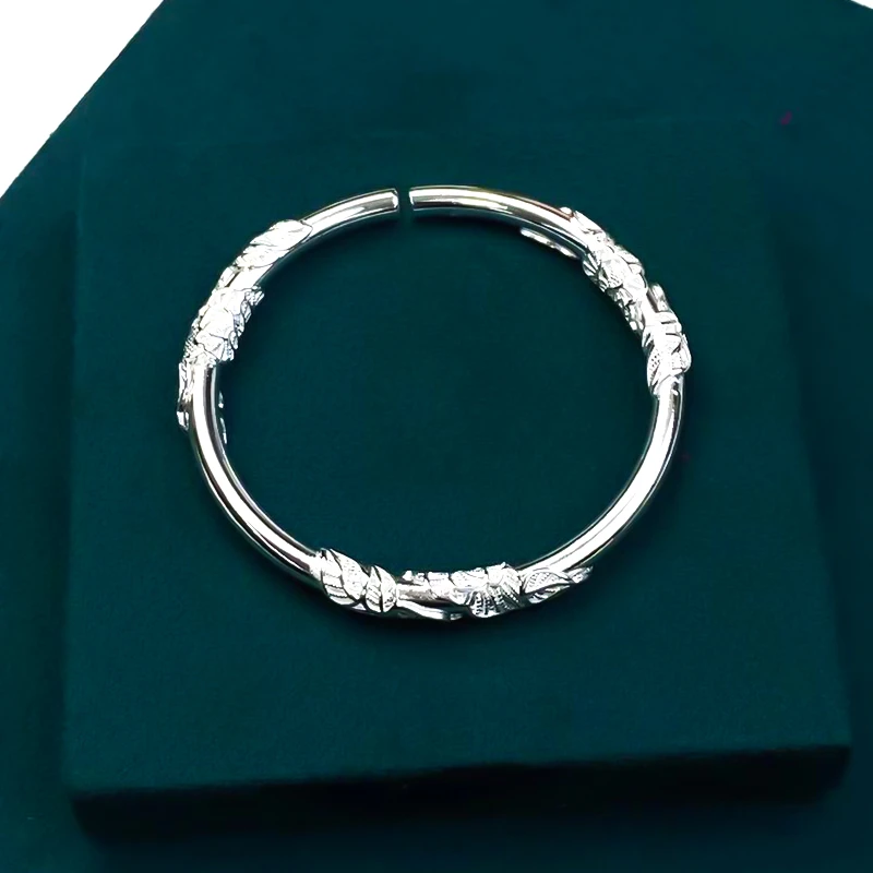 足银手镯  9999 D04 繁花似锦花枝玉叶古风实心开口镯民族风时尚