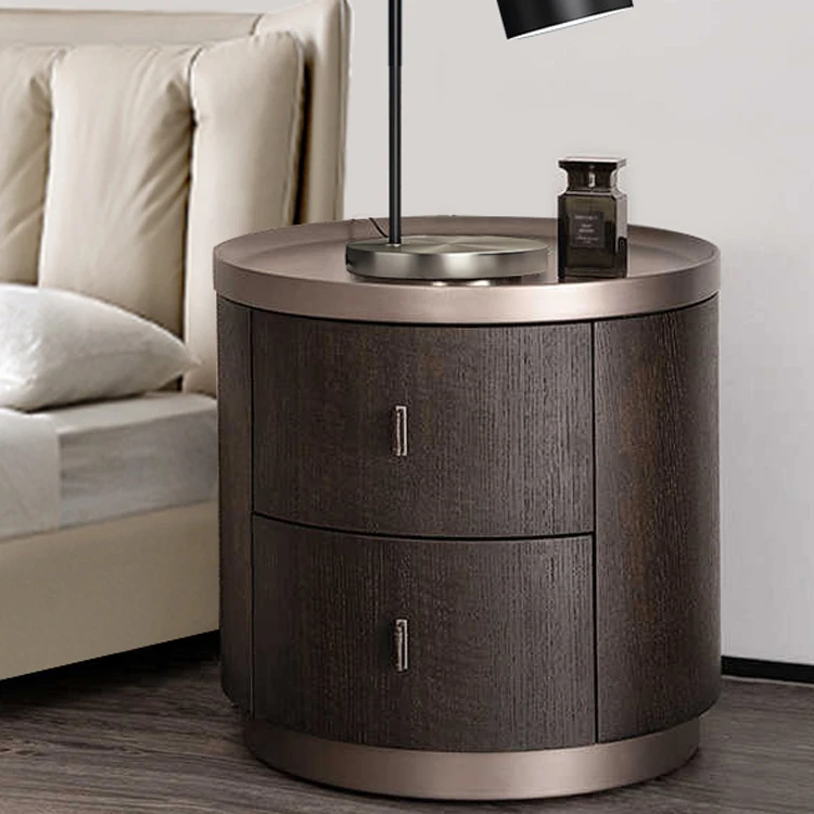 意式极简polfom烟熏实木圆形床头柜简约现代圆柜小户型创意设计