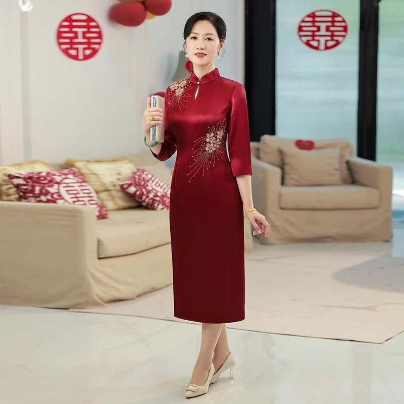 A048醋酸缎秋季喜婆婆婚宴旗袍喜服高级感结婚妈妈礼服高贵优雅