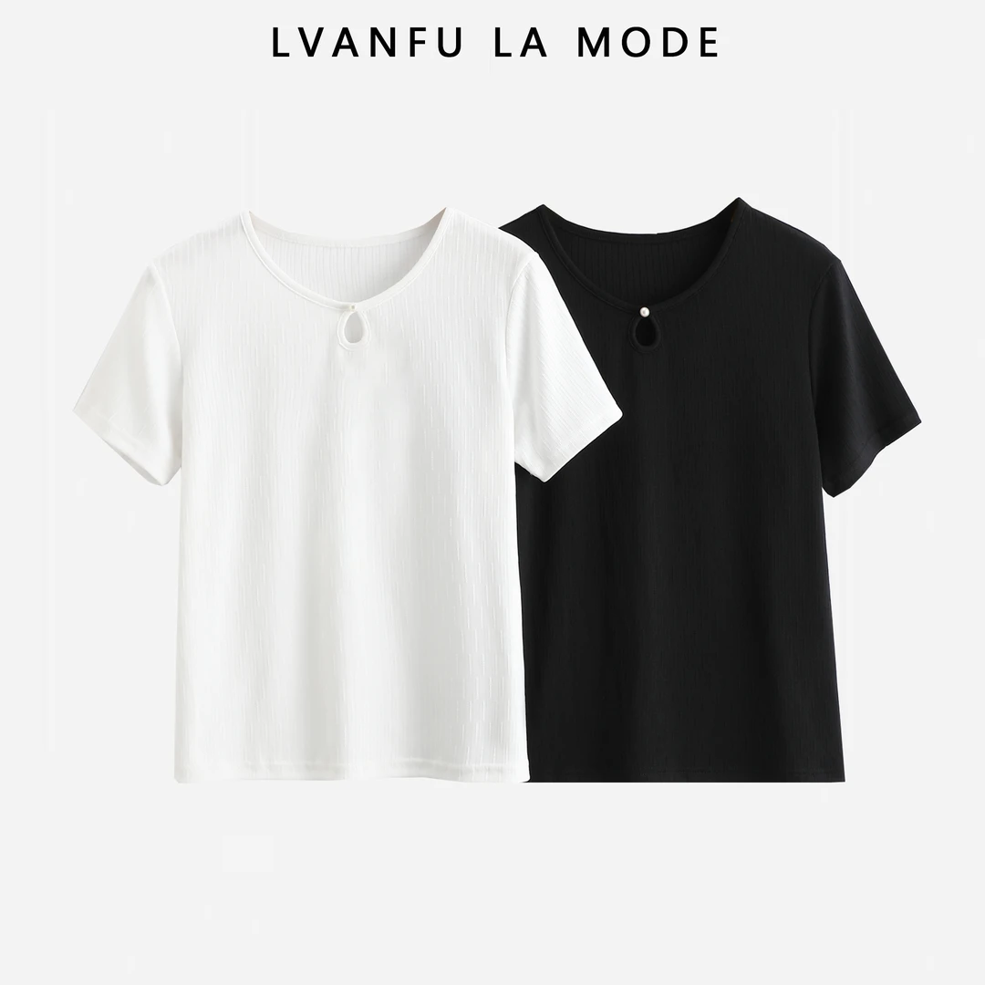 夏季休闲百搭水滴镂空手订珍珠 宽松纯色女士T恤JY292A