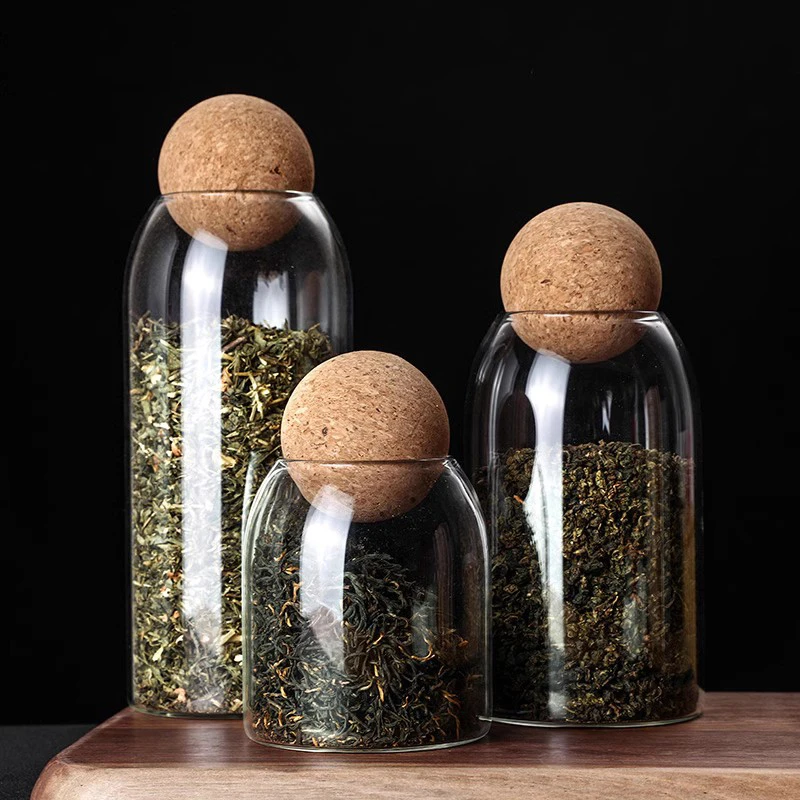 茶叶罐家用密封罐收纳球塞瓶玻璃瓶空储物罐圆形软木塞防潮茶叶桶