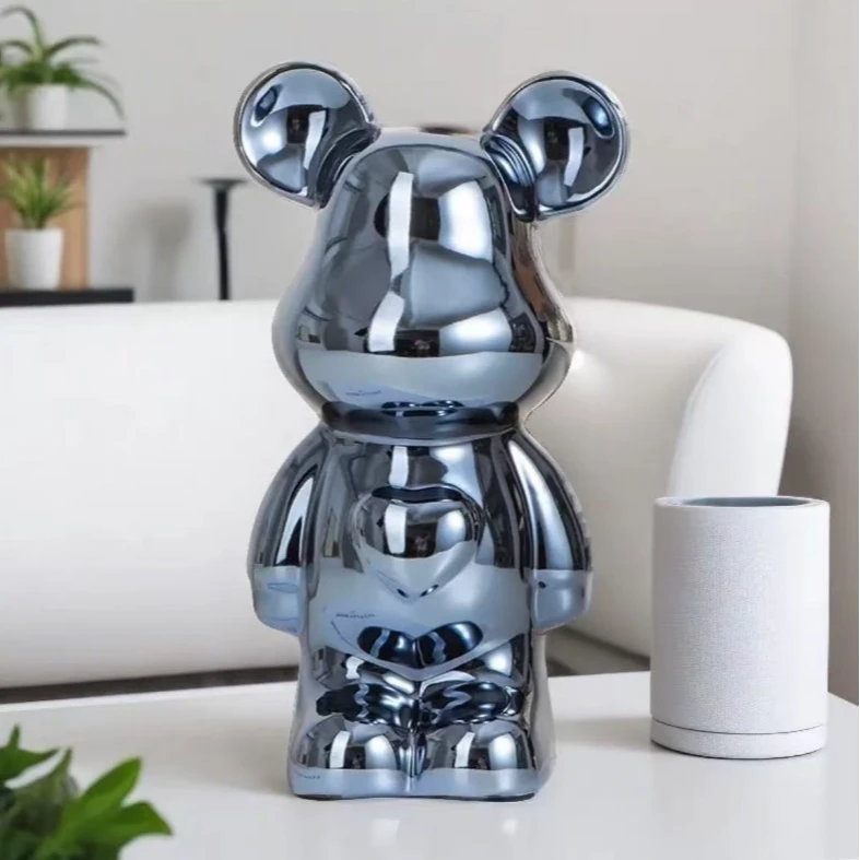 潮玩网红28cm陶瓷电镀甜心熊轻奢玄关酒柜摆件客厅电视柜装饰品花