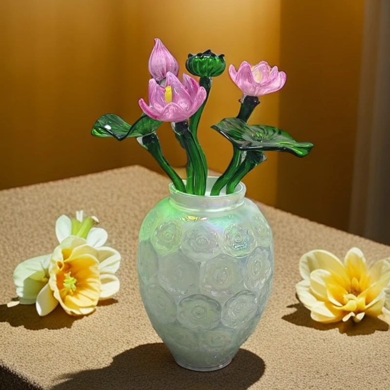 淄博纯熟工琉璃荷花“好运连连”幸福美满家居摆件