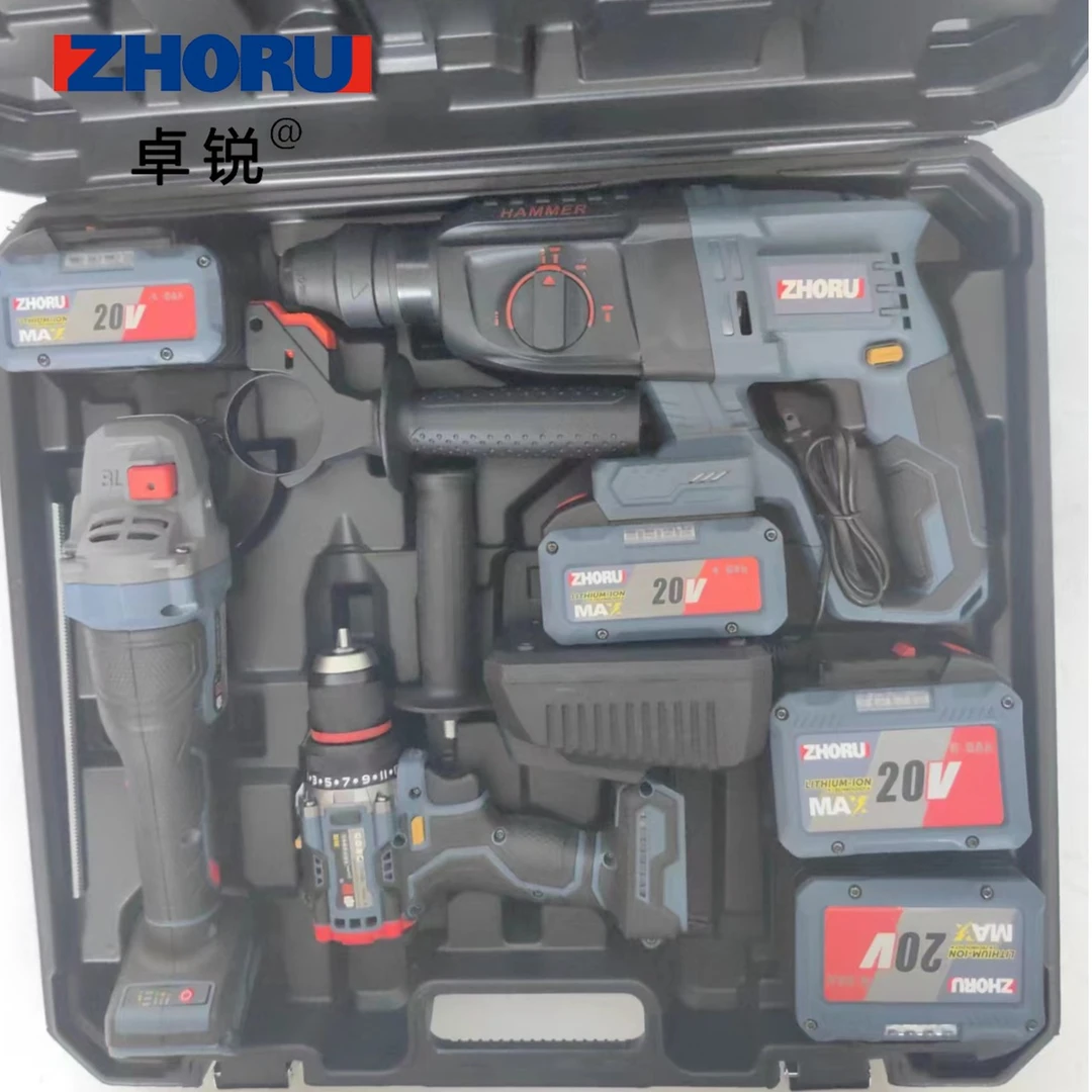 ZRQJ 霸王三件套装 卓锐无刷电锤+恒流角磨机+防扭电钻 4电1充