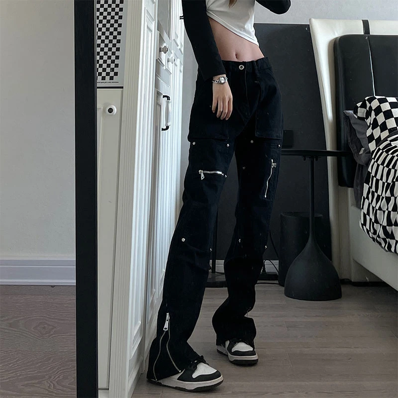 潮牌vibe风欧美高街黑色牛仔裤男设计感拉链微喇机能风休闲长裤子