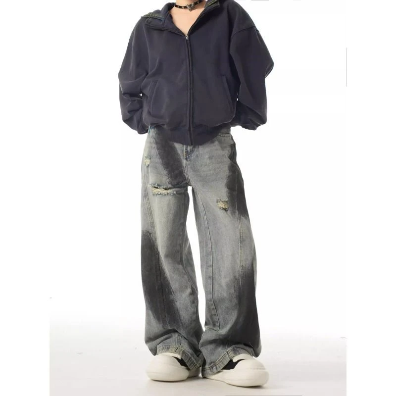 美式高街vibe泼墨破洞牛仔裤男宽松解构直筒阔腿小众设计感长裤子