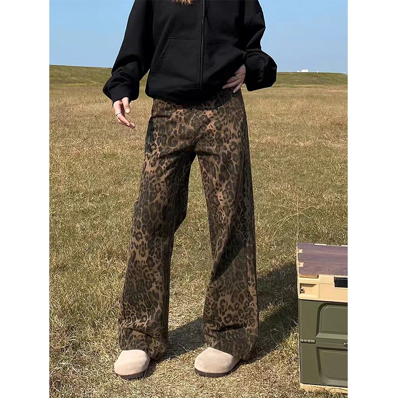 美式重磅复古百搭ins豹纹直筒牛仔裤男女vintage宽松休闲帅气裤子