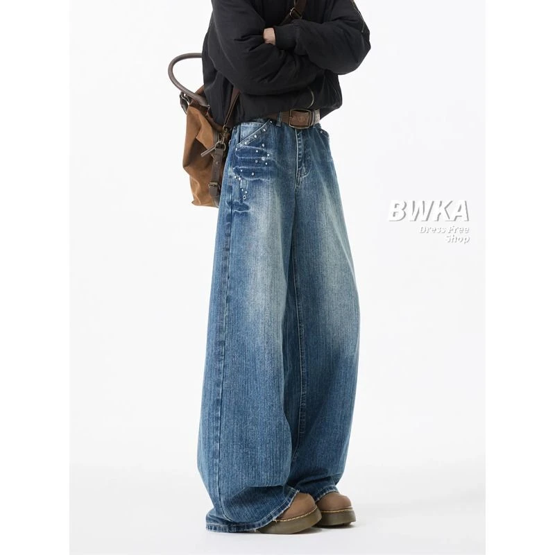 美式铆钉水洗闪电纹牛仔裤子男ins潮牌宽松小众设计感直筒休闲裤