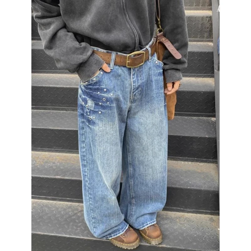 美式复古cleanfit铆钉水洗闪电牛仔裤男女做旧小众设计宽松直筒裤