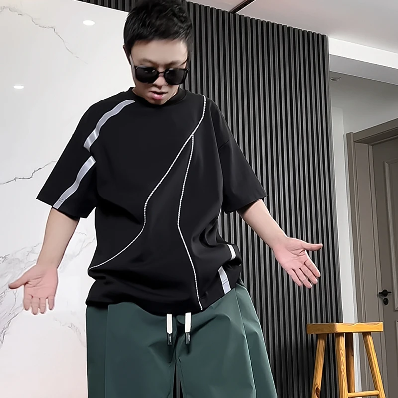 原创潮牌日系短袖T恤男宽松拼接圆领潮流韩版时尚反光条落肩袖ins