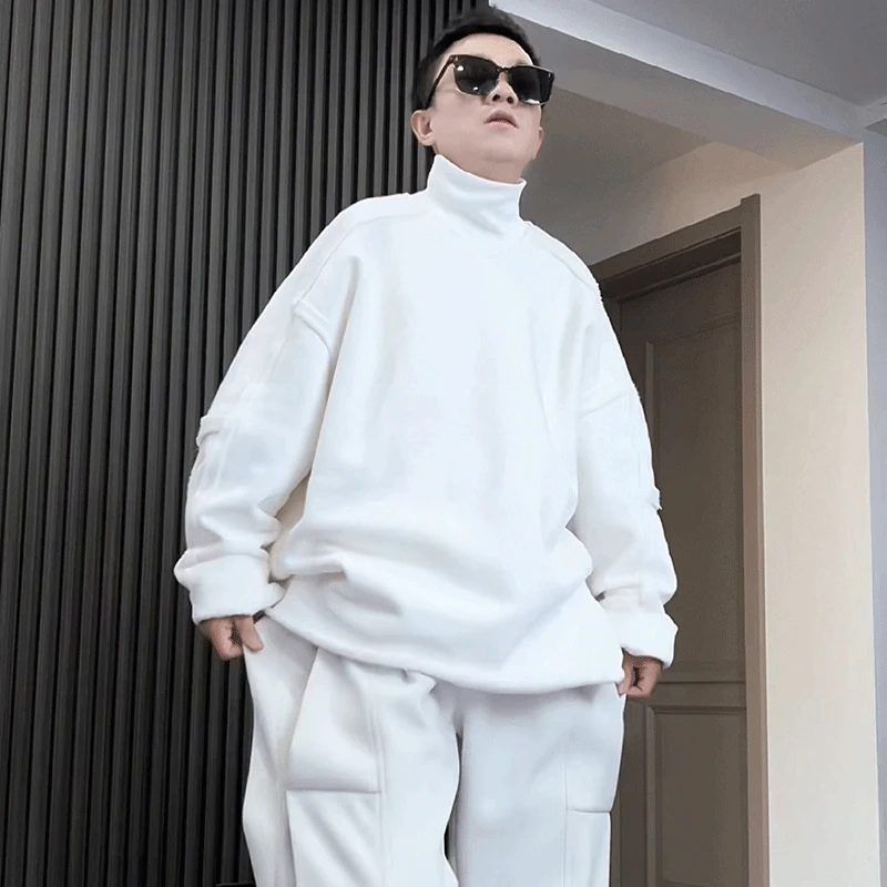 原创潮牌加绒加厚卫衣男宽松落肩大码高领套头纯色百搭休闲ins