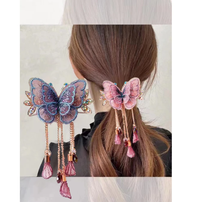 合金布艺发饰 气质国风双层蝴蝶流苏抓夹女发饰发夹饰品