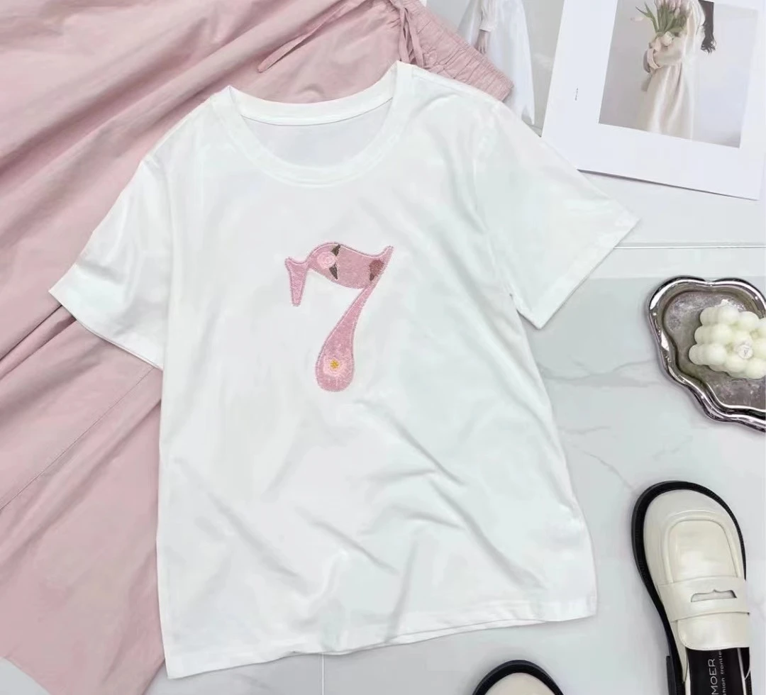 2024夏季新款原创设计重工烫钻数字透气短袖百搭圆领套头T恤-T011