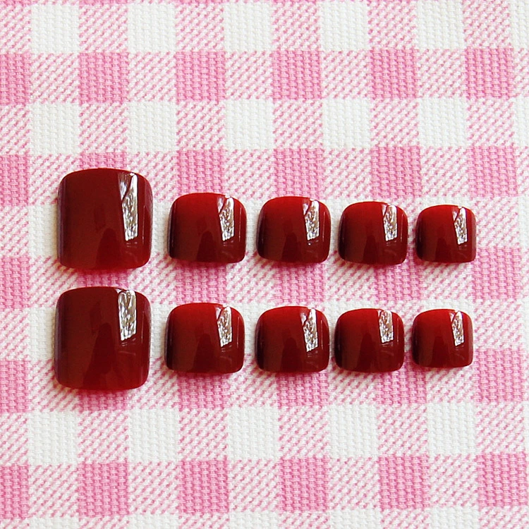 夏日脚趾甲成品美甲 高亮车厘子色甲片 卡哇伊脚贴片24片装纯色