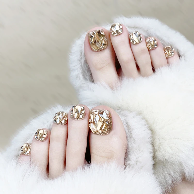 贴钻穿戴甲香槟金满钻脚指甲贴片闪粉镶钻美甲贴片显白美甲气质