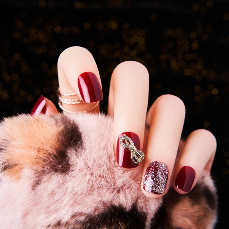 指甲贴片成品穿戴美甲酒红爆闪胶蝴蝶结可拆卸美甲贴片假指甲短款