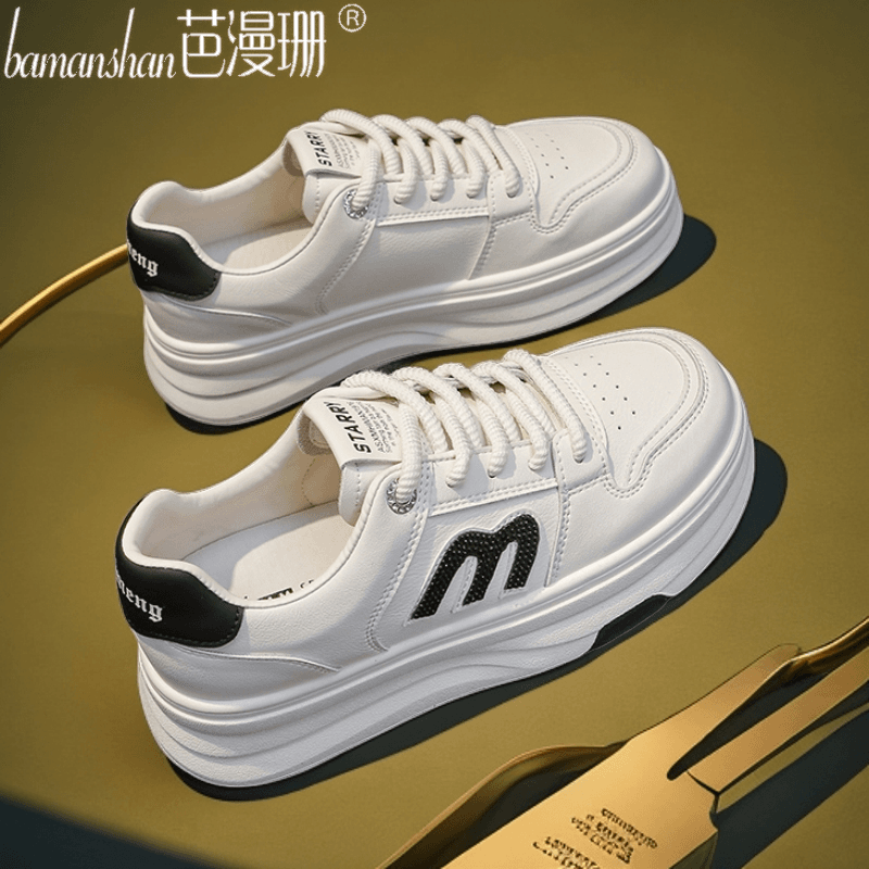 芭漫珊小白鞋女厚底2024春秋新款运动休闲鞋轻便舒适软底百搭板鞋