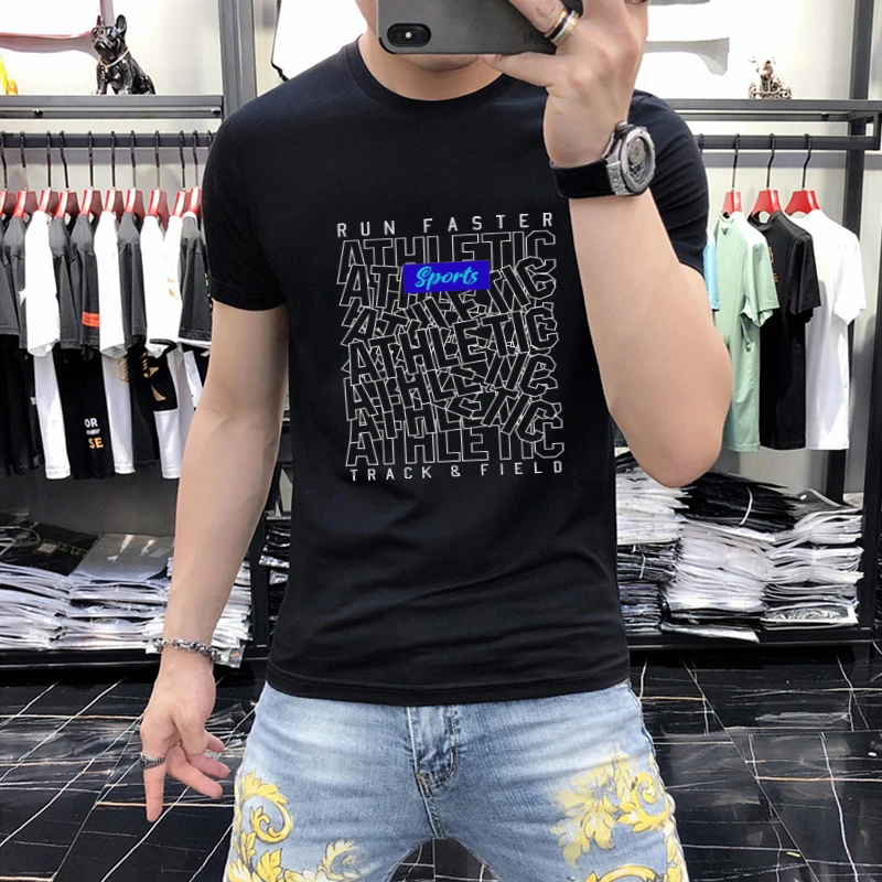 短袖t恤男款ins时尚休闲男士半袖上衣修身百搭字母印花圆领体恤衫
