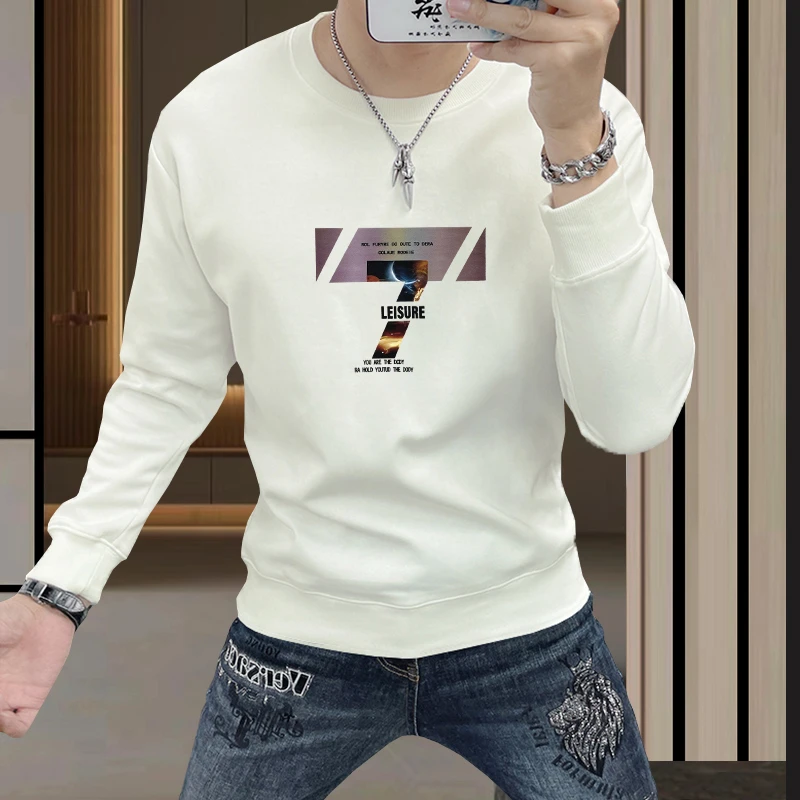 男士卫衣爆款2025新款秋冬潮牌男装印花长袖上衣无帽圆领外套男款