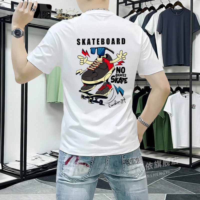 蓝晟依短袖t恤男圆领2025夏季潮流时尚印花修身半袖衣服品质男装T