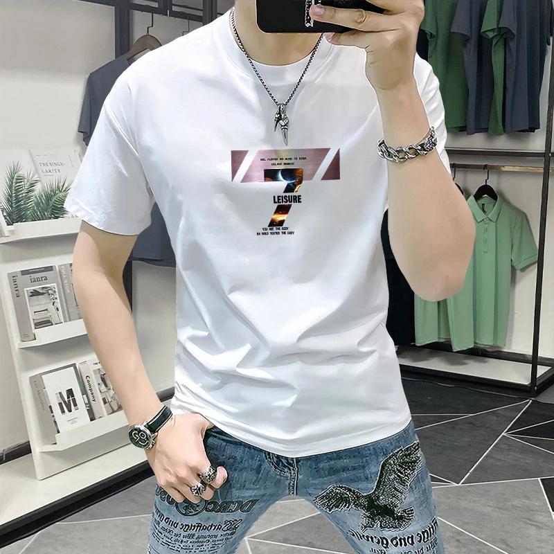 男士短袖T恤爆款2025新款夏季潮流时尚印花休闲百搭圆领修身半袖T