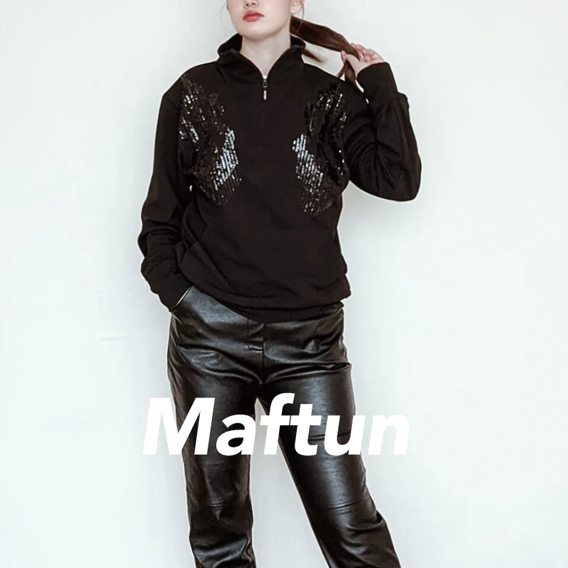 Maftun民族风图案亮片刺绣宽松拉链立领卫衣