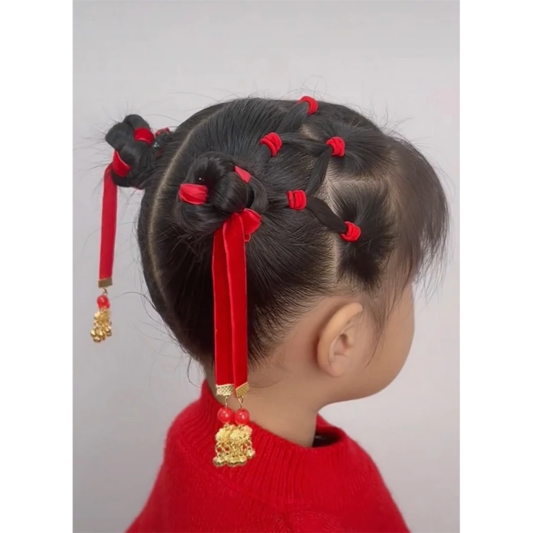 儿童新年喜庆头饰小女孩中国风汉服拜年平安锁玉兔丝绒编发发带
