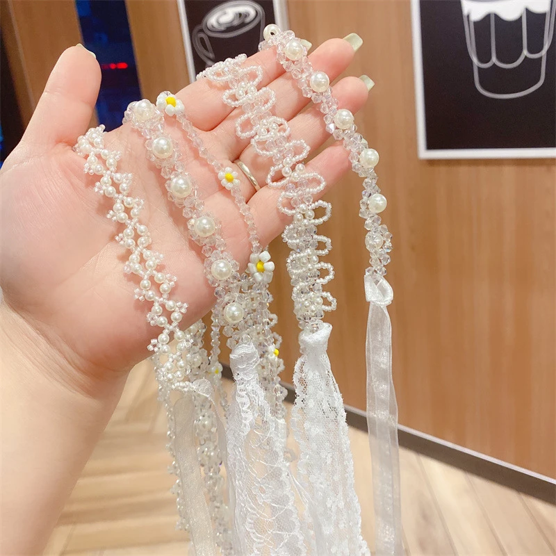 儿童甜美超仙两用款水晶珍珠发带网红发饰蝴蝶结绑发飘带网纱颈链