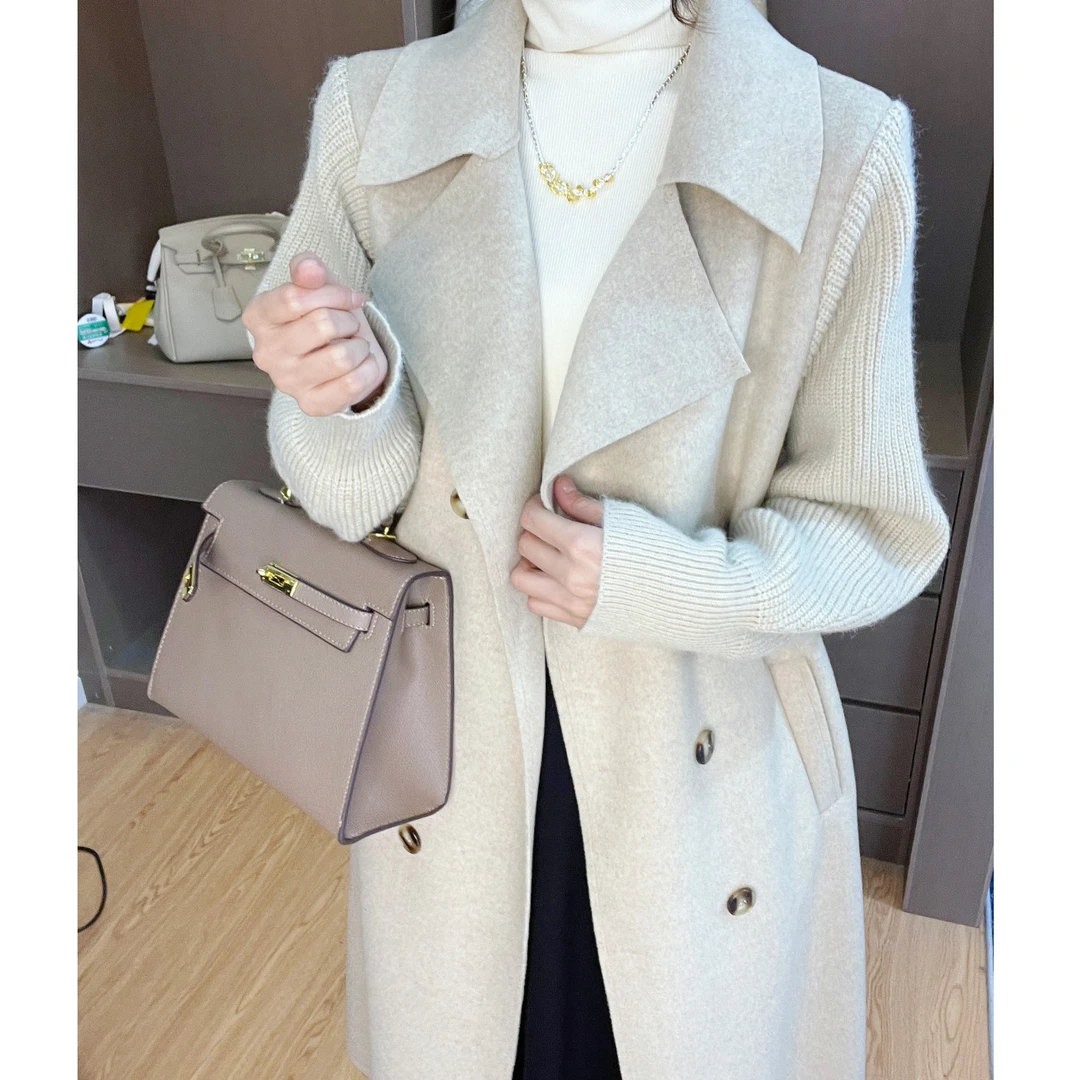 【首尔街头】高级感风衣秋冬新款气质慵懒风宽松毛衣拼接外套423