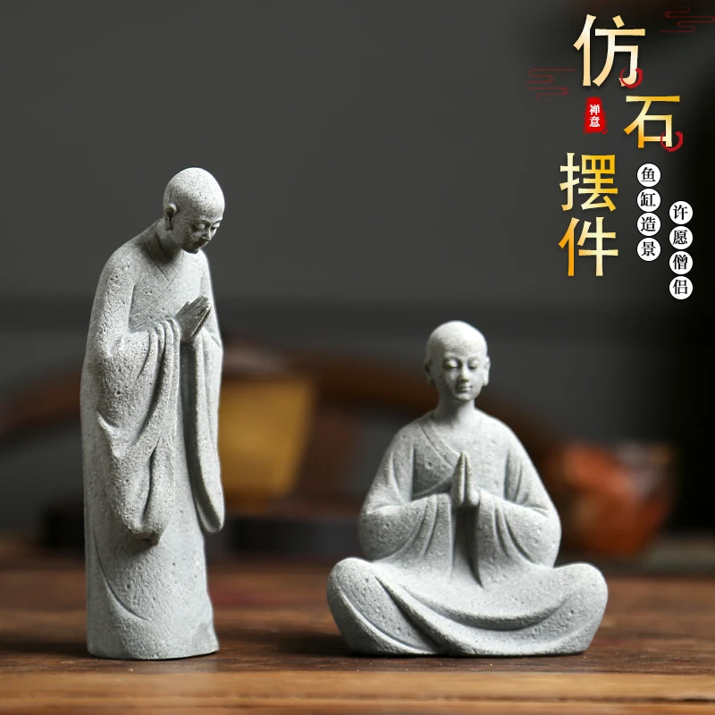 国潮许愿和尚造景摆件佛像人物假山石头生态鱼缸水族庭院盆景装饰