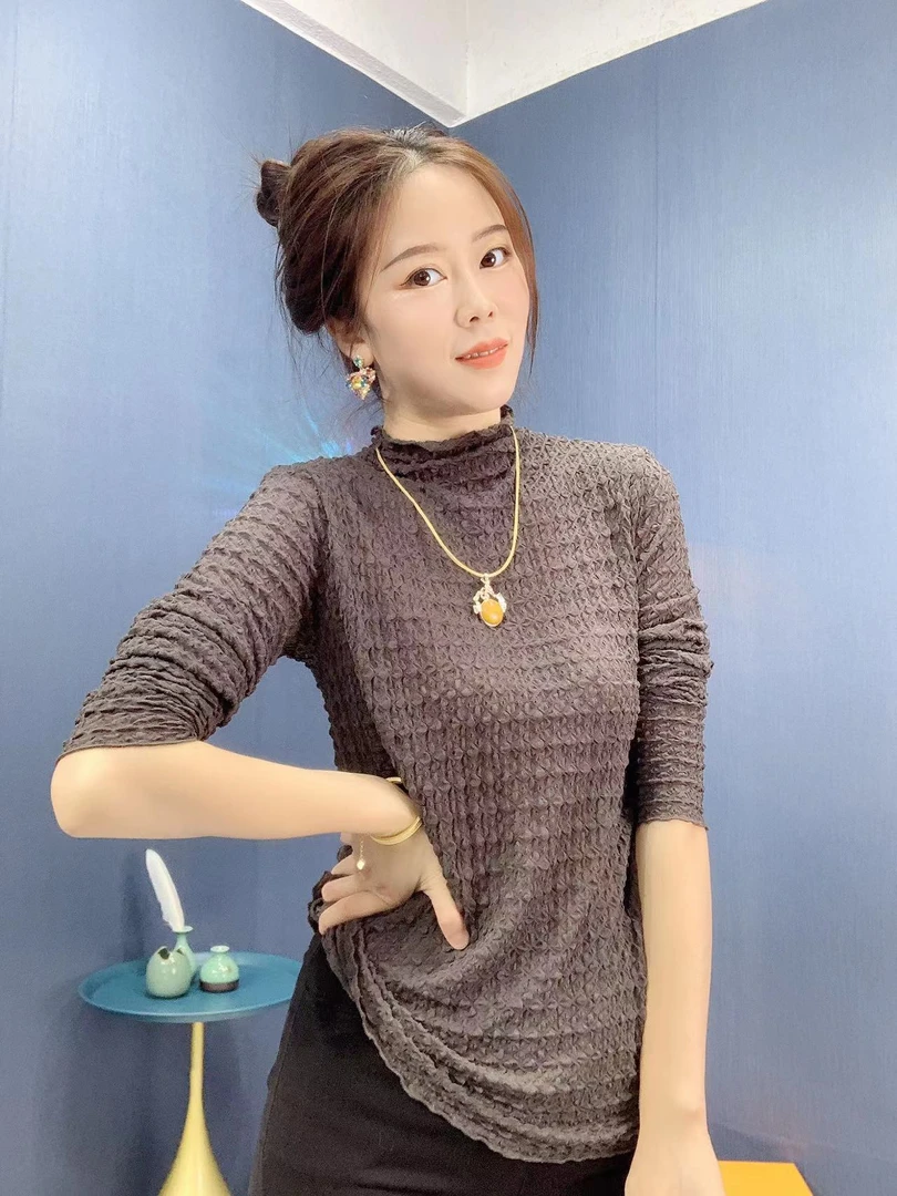 《酷尚》2023秋冬新款女士设计师风菱格抽皱百搭半高领打底衫308