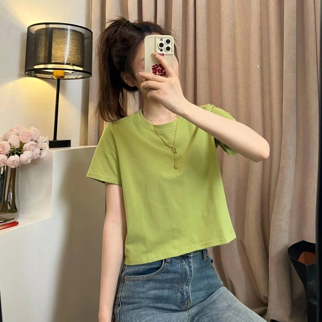 夏季2023新款短款百搭休闲减龄纯棉纯色短袖t恤女款爆款2023新款