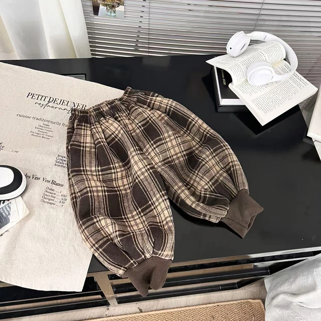 新款格子裤子韩版时尚百搭加绒加厚151裤子男童裤子