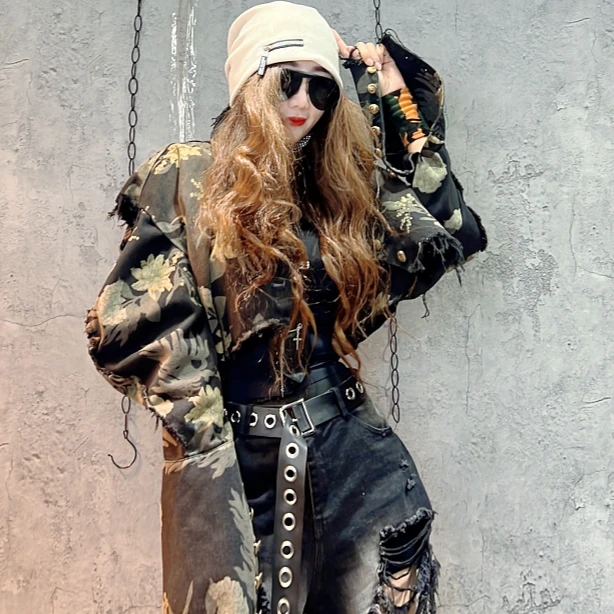 设计师款印花牛仔短外套