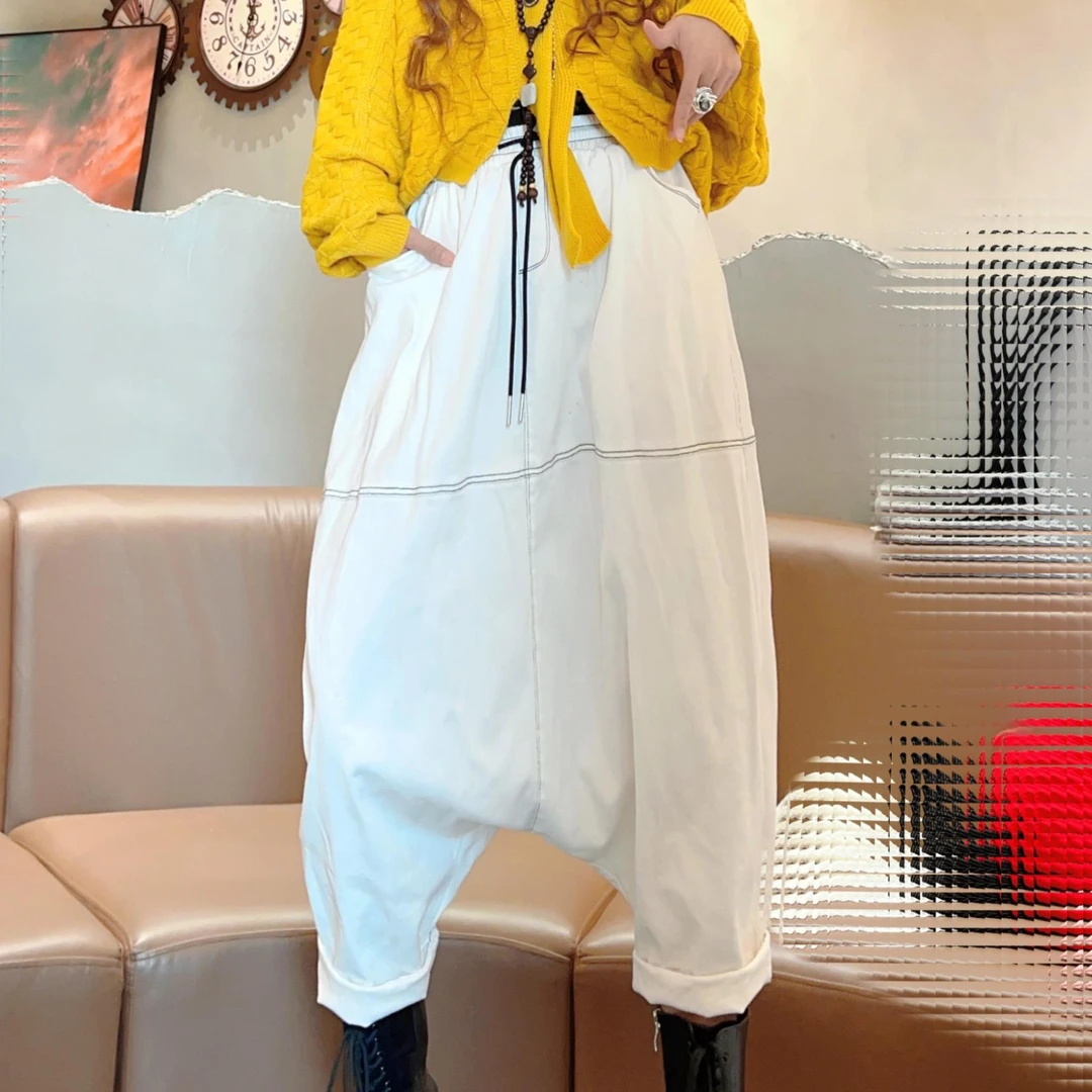 撞色明线百搭显瘦弹力牛仔大哈裤