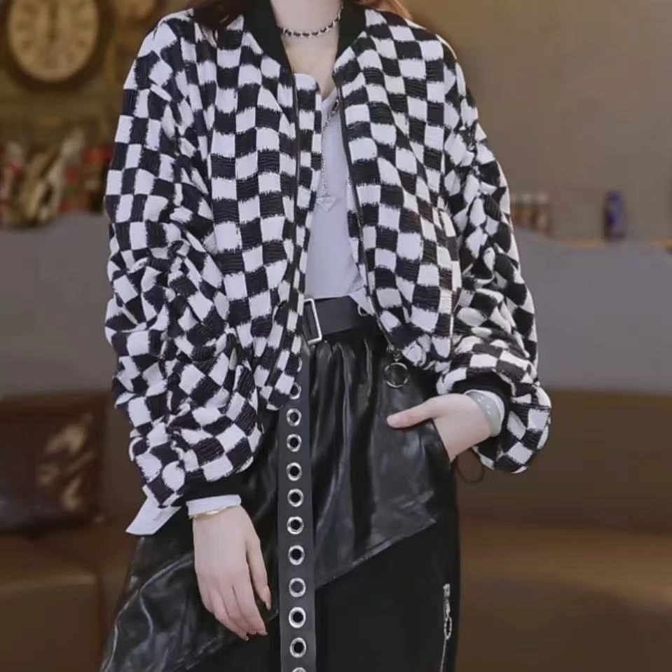袖子褶皱黑白格短款外套