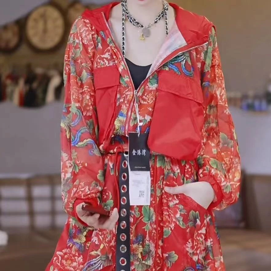 洋气百搭宽松韩版短款印花豹纹防晒连帽短外套防晒衣