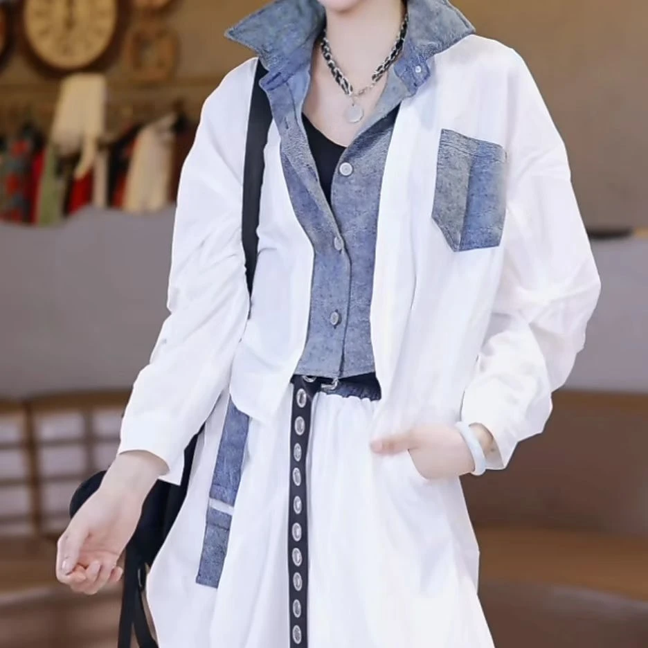 M017#假两件牛仔拼接宽松短款衬衫